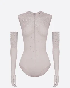 Alex Perry Crew Bodysuit in Crystal Mesh