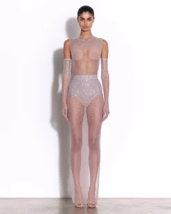 Alex Perry Crew Bodysuit in Crystal Mesh