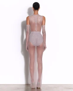 Alex Perry Crew Bodysuit in Crystal Mesh