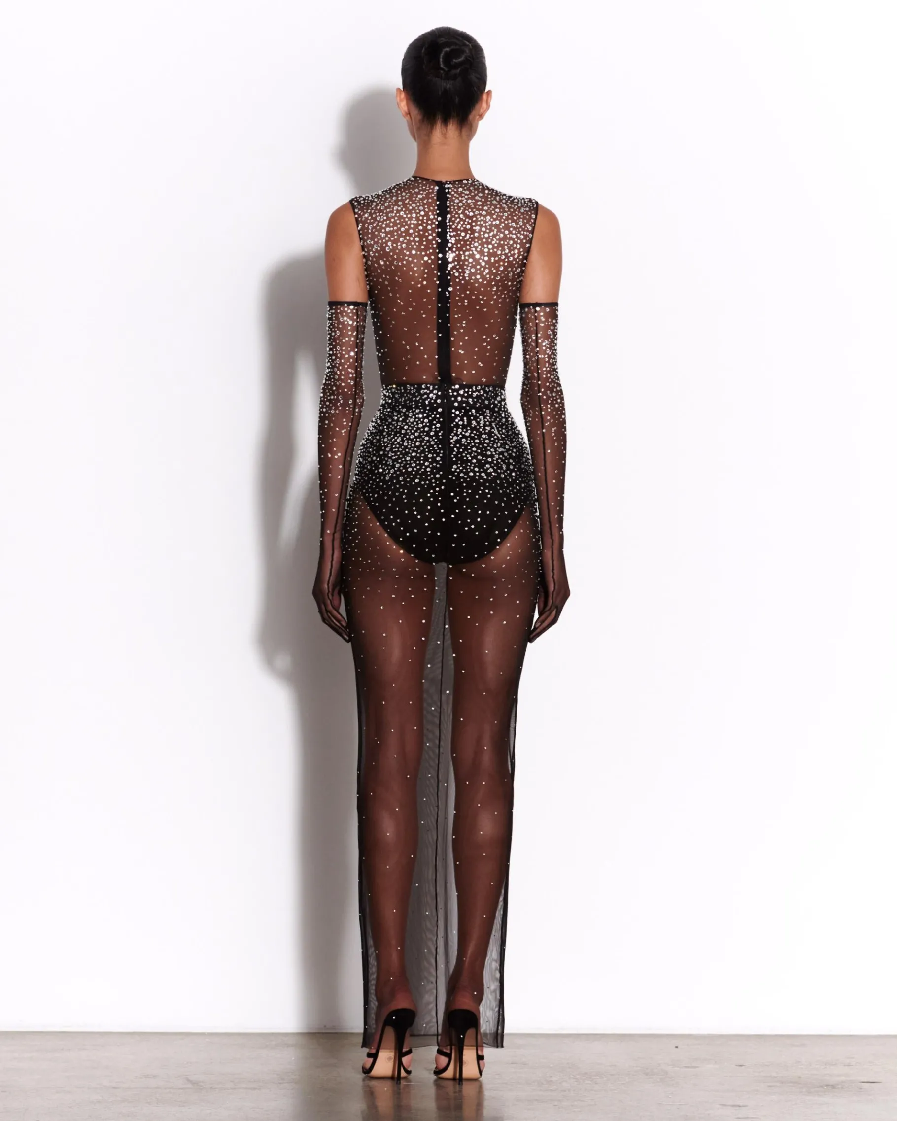 Alex Perry Crew Bodysuit in Crystal Mesh