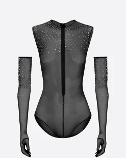 Alex Perry Crew Bodysuit in Crystal Mesh