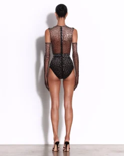 Alex Perry Crew Bodysuit in Crystal Mesh
