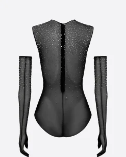 Alex Perry Crew Bodysuit in Crystal Mesh