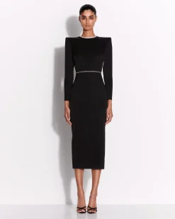Alex Perry Crystal Trimmed Long Sleeve Dress in Satin