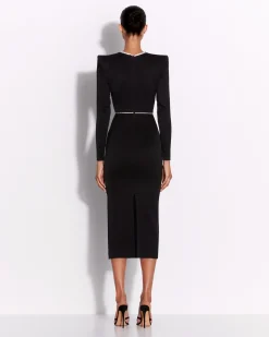 Alex Perry Crystal Trimmed Long Sleeve Dress in Satin