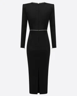 Alex Perry Crystal Trimmed Long Sleeve Dress in Satin