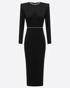 Alex Perry Crystal Trimmed Long Sleeve Dress in Satin