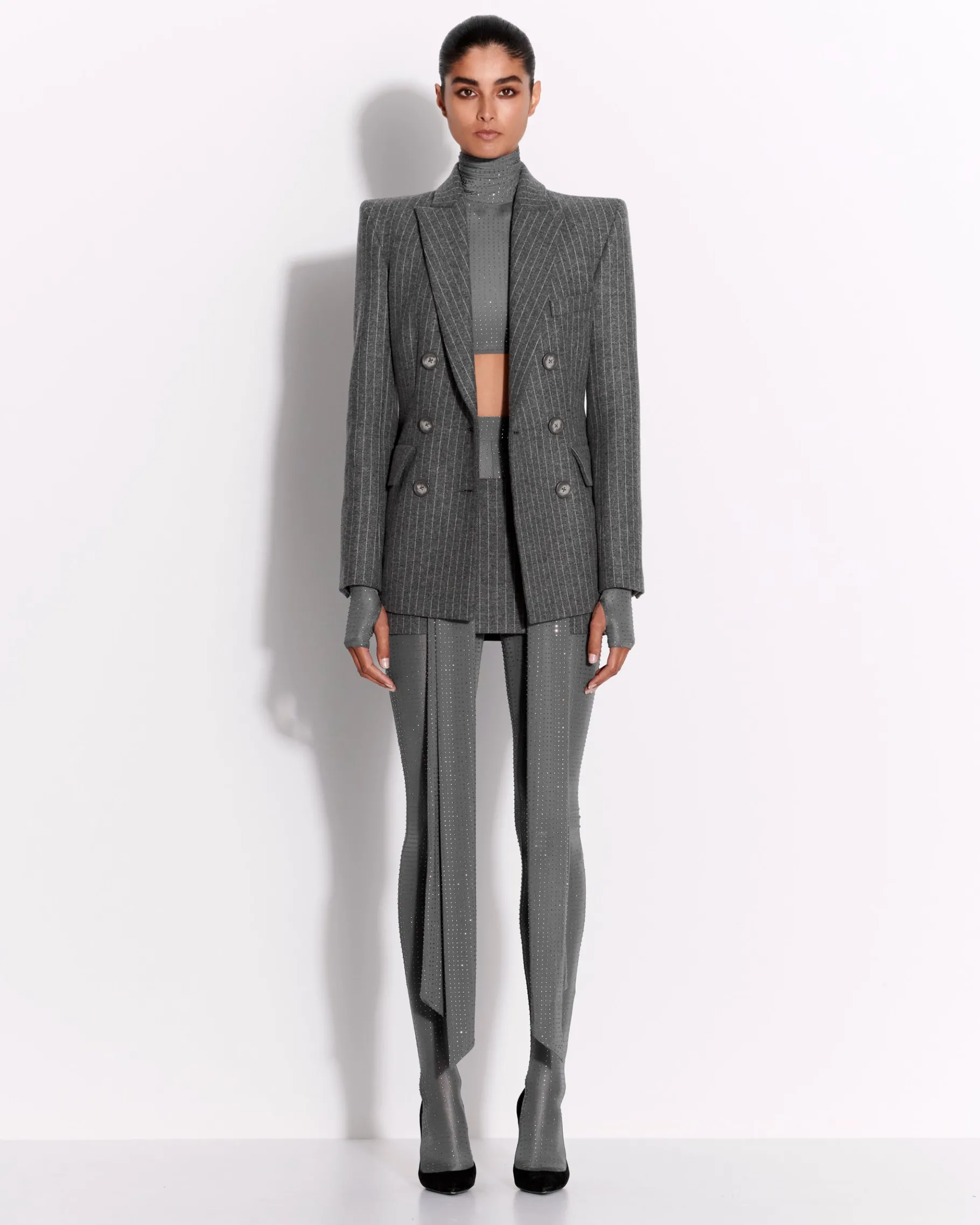 Alex Perry Double Breasted Fitted Blazer in Wool Pinstripe