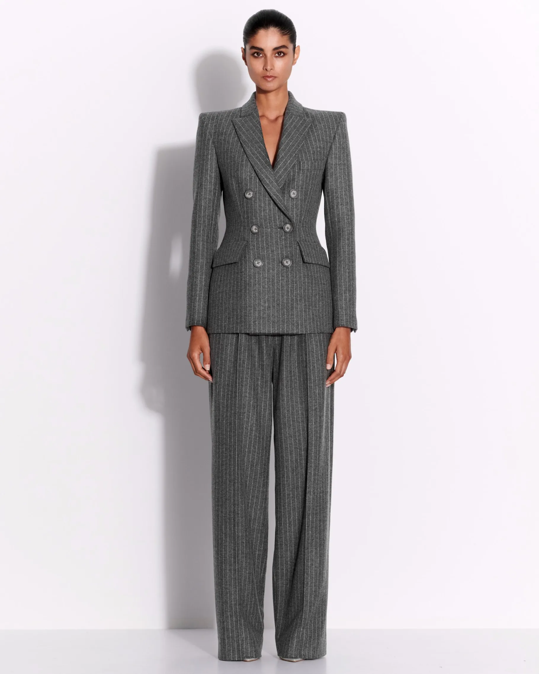 Alex Perry Double Breasted Fitted Blazer in Wool Pinstripe