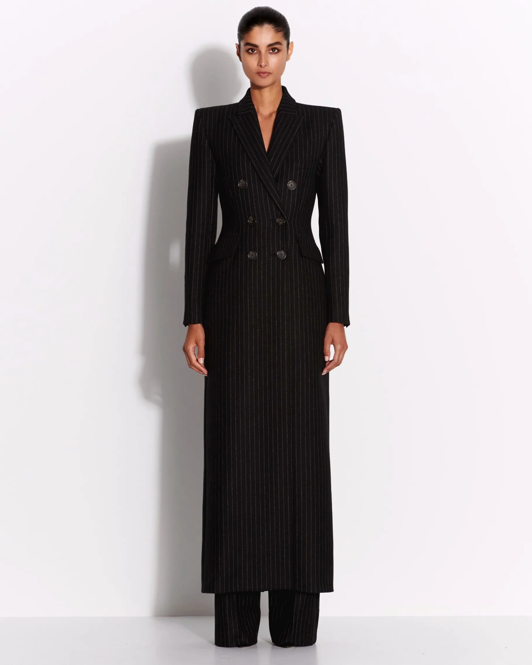 Alex Perry Double Breasted Fitted Coat in Wool Pinstripe