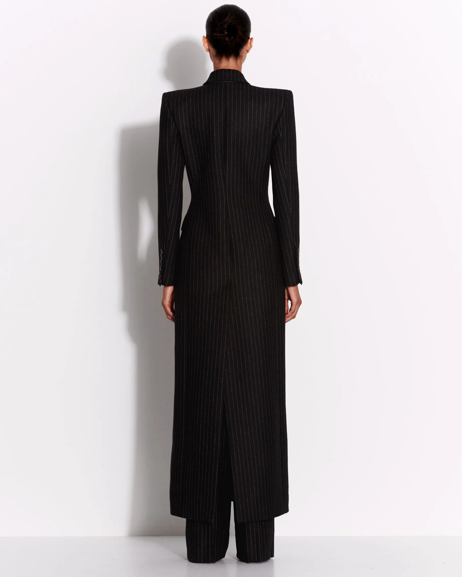 Alex Perry Double Breasted Fitted Coat in Wool Pinstripe