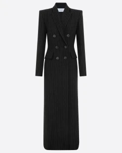 Alex Perry Double Breasted Fitted Coat in Wool Pinstripe