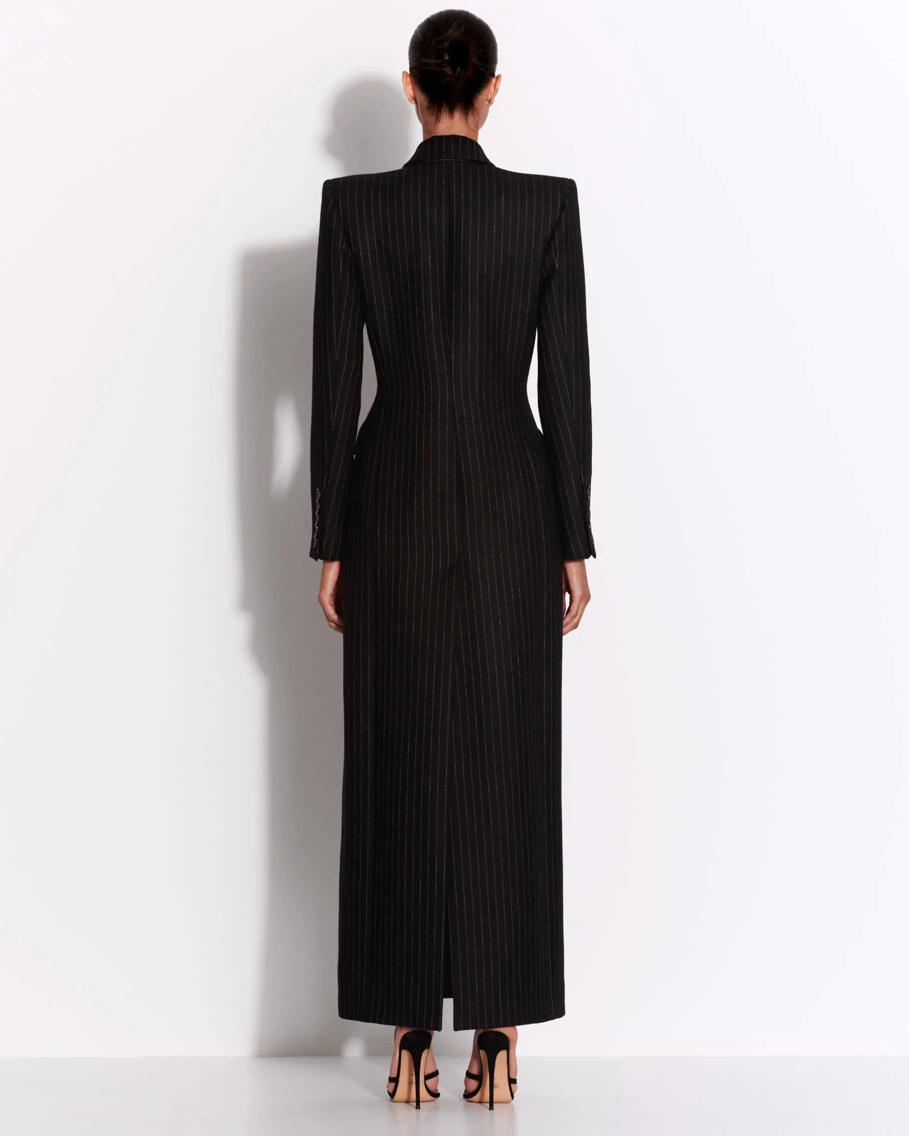 Alex Perry Double Breasted Fitted Coat in Wool Pinstripe