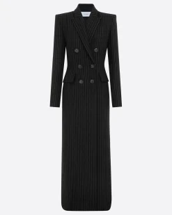 Alex Perry Double Breasted Fitted Coat in Wool Pinstripe