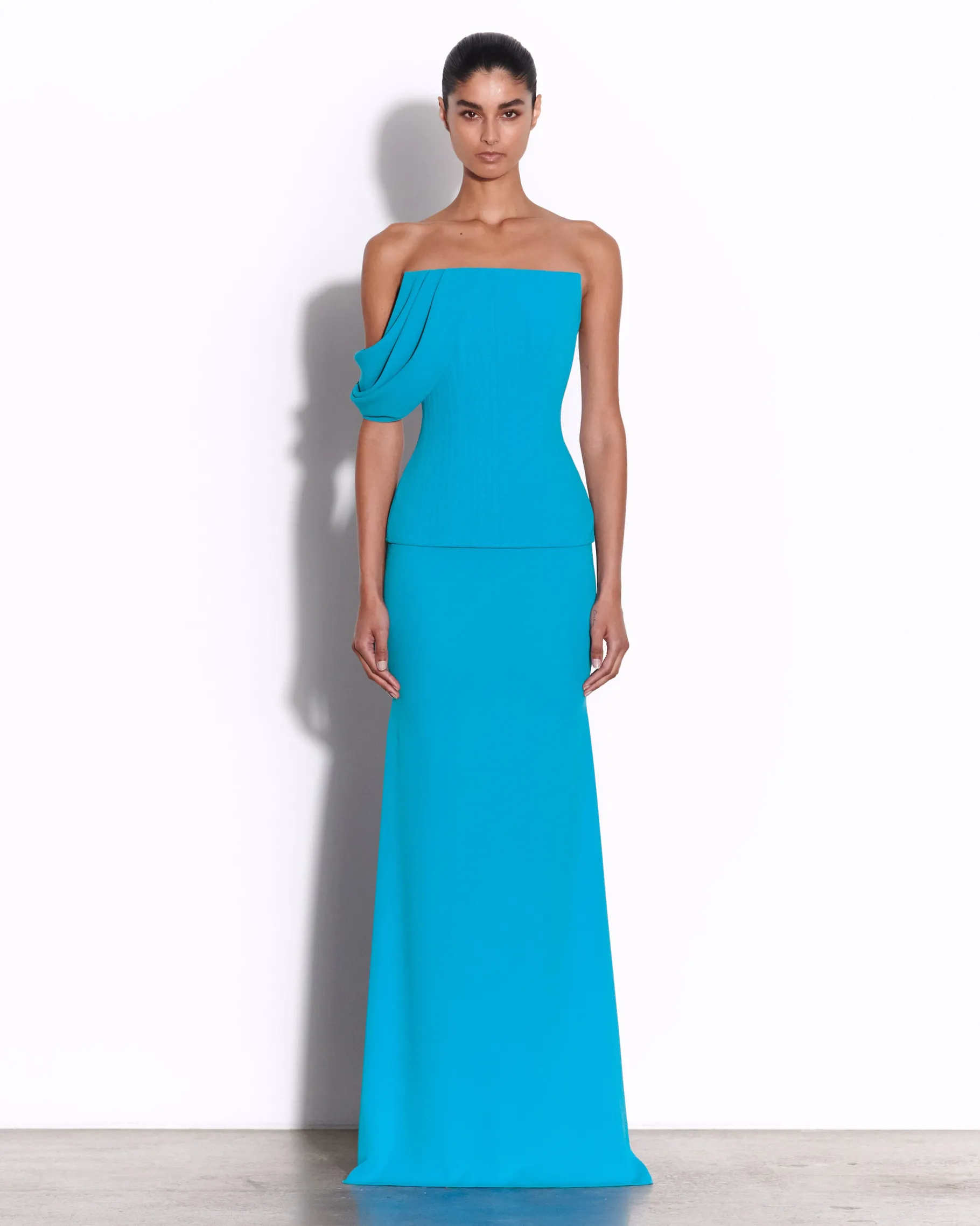 Alex Perry Draped Sleeve Longline Corset Gown in Crepe