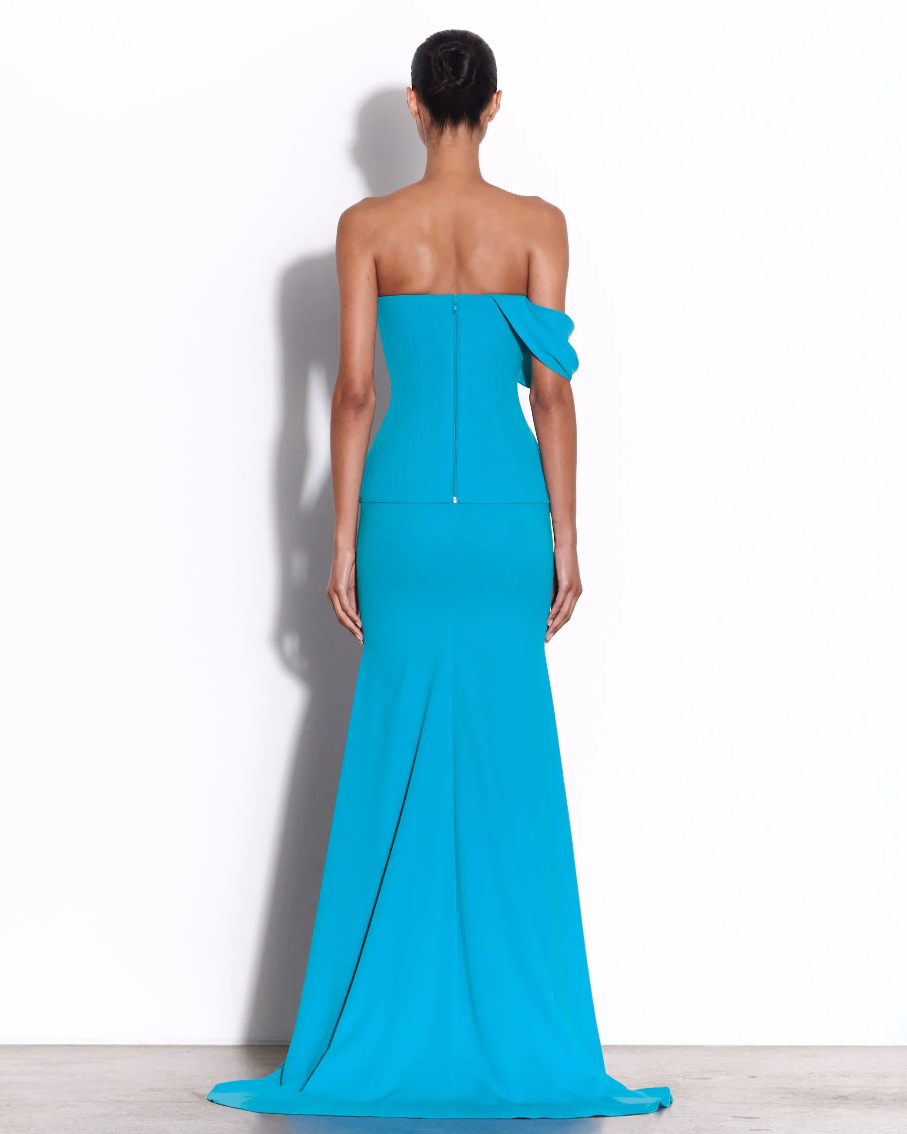 Alex Perry Draped Sleeve Longline Corset Gown in Crepe