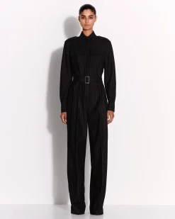 Alex Perry Long Sleeve Belted Jumpsuit in Wool Pinstripe