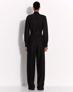 Alex Perry Long Sleeve Belted Jumpsuit in Wool Pinstripe