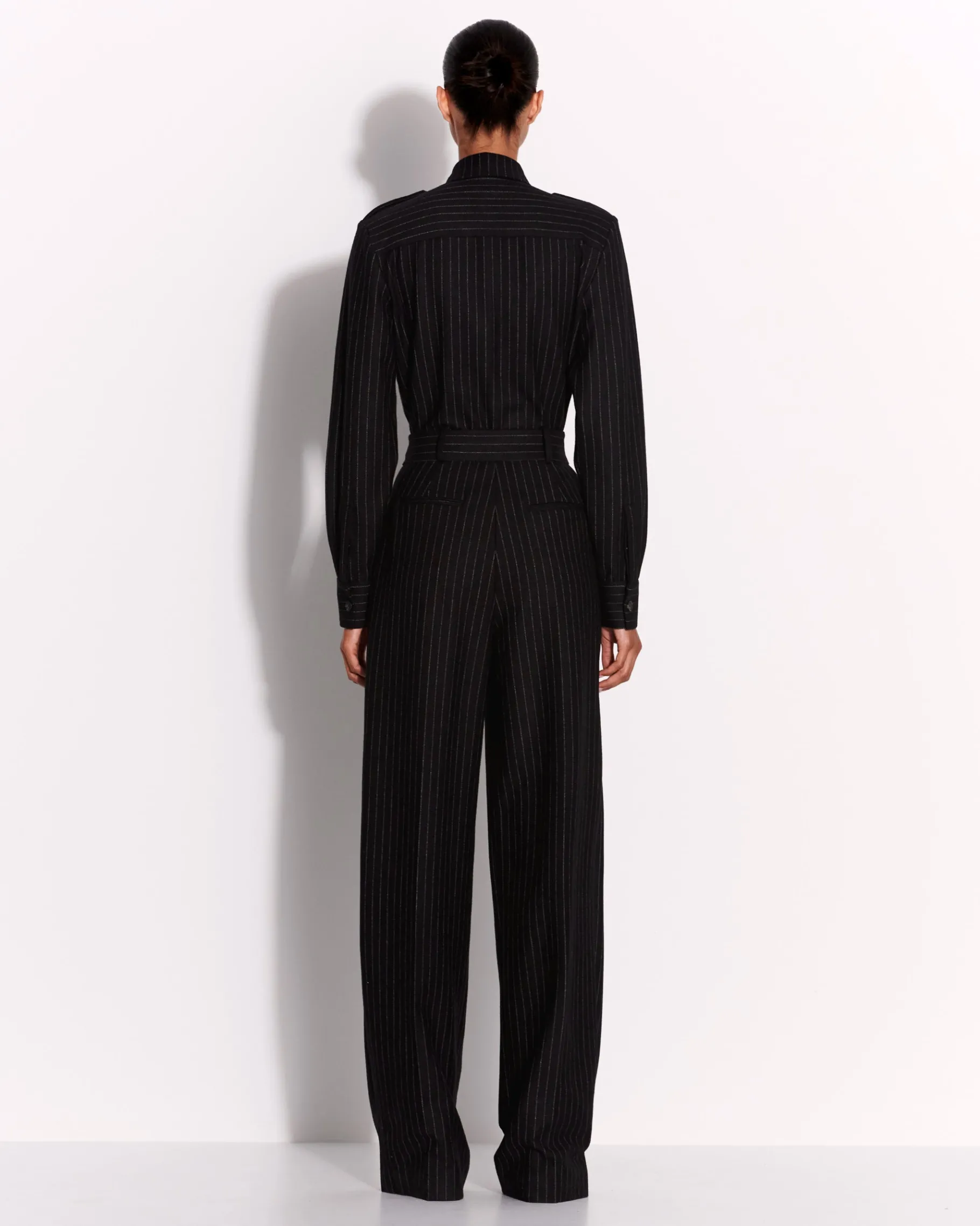 Alex Perry Long Sleeve Belted Jumpsuit in Wool Pinstripe