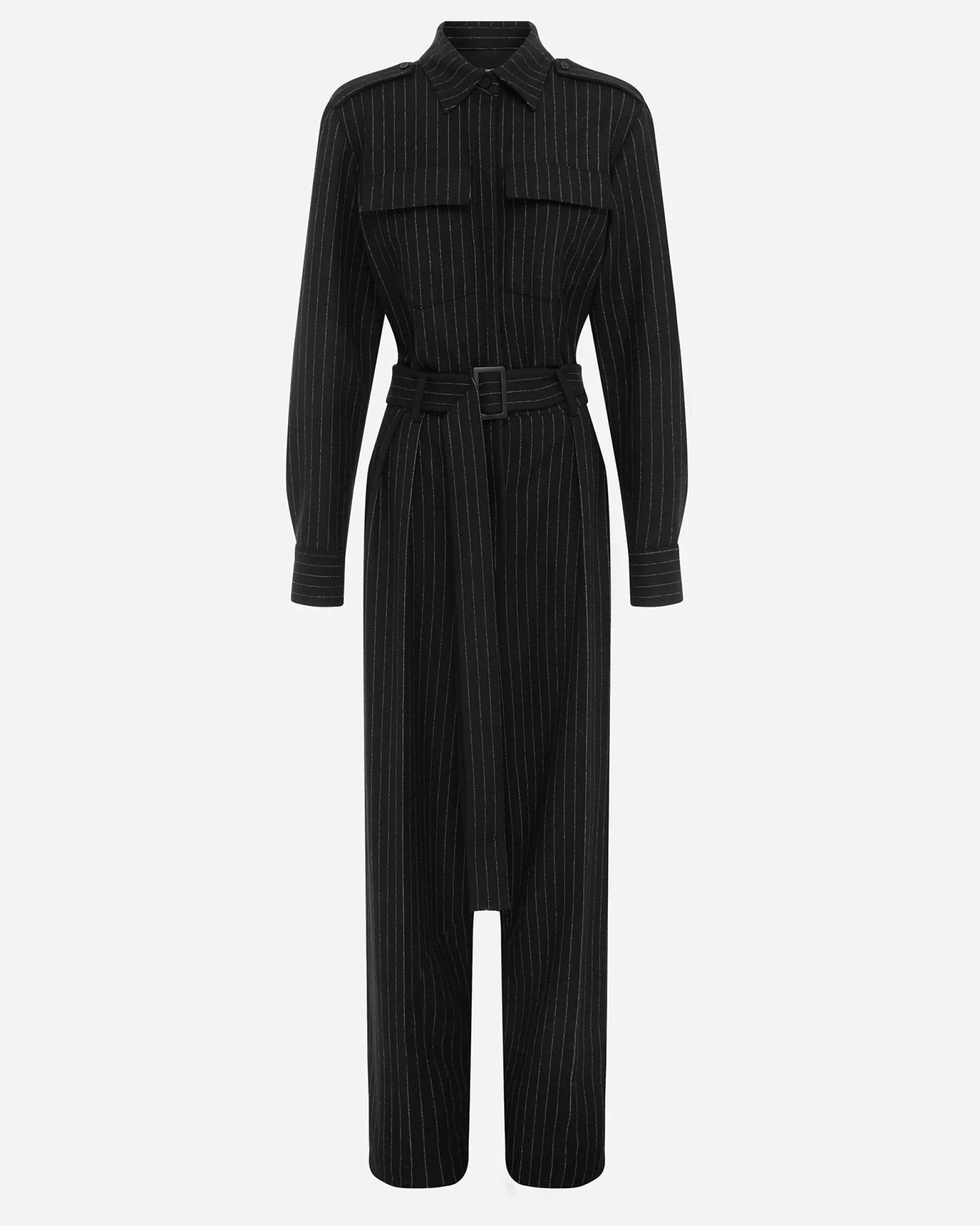 Alex Perry Long Sleeve Belted Jumpsuit in Wool Pinstripe