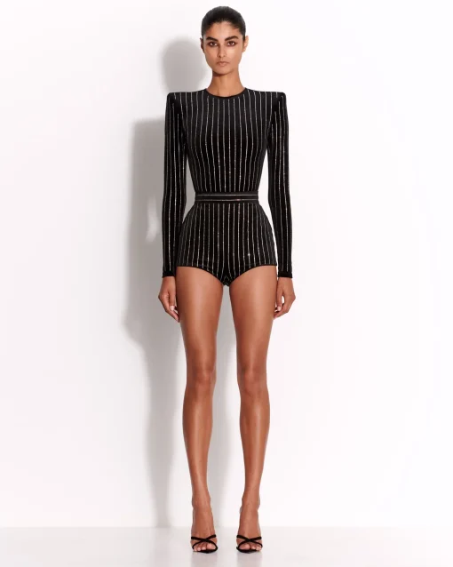 Alex Perry Long Sleeve Bodysuit in Crystal Velvet
