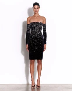 Alex Perry Long Sleeve Off Shoulder Dress in Crystal Velvet