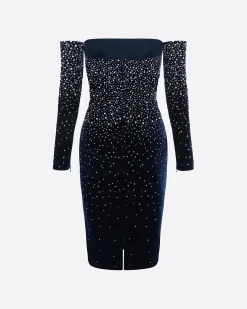 Alex Perry Long Sleeve Off Shoulder Dress in Crystal Velvet