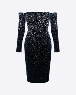 Alex Perry Long Sleeve Off Shoulder Dress in Crystal Velvet