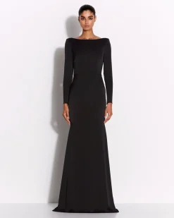 Alex Perry Long Sleeve Open Back Drape Gown in Satin Crepe