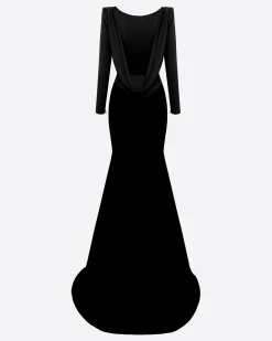 Alex Perry Long Sleeve Open Back Drape Gown in Satin Crepe