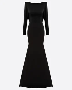 Alex Perry Long Sleeve Open Back Drape Gown in Satin Crepe