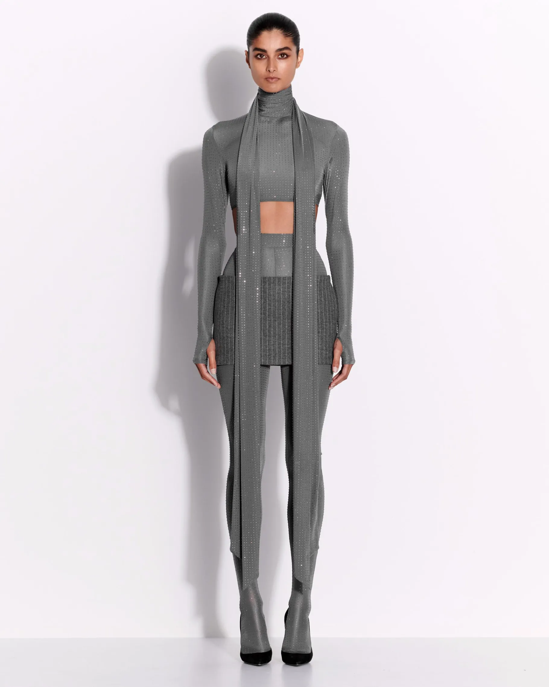 Alex Perry Long Sleeve Scarf Crop Top in Crystal Jersey
