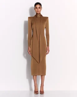 Alex Perry Long Sleeve Scarf Dress in Satin Crepe
