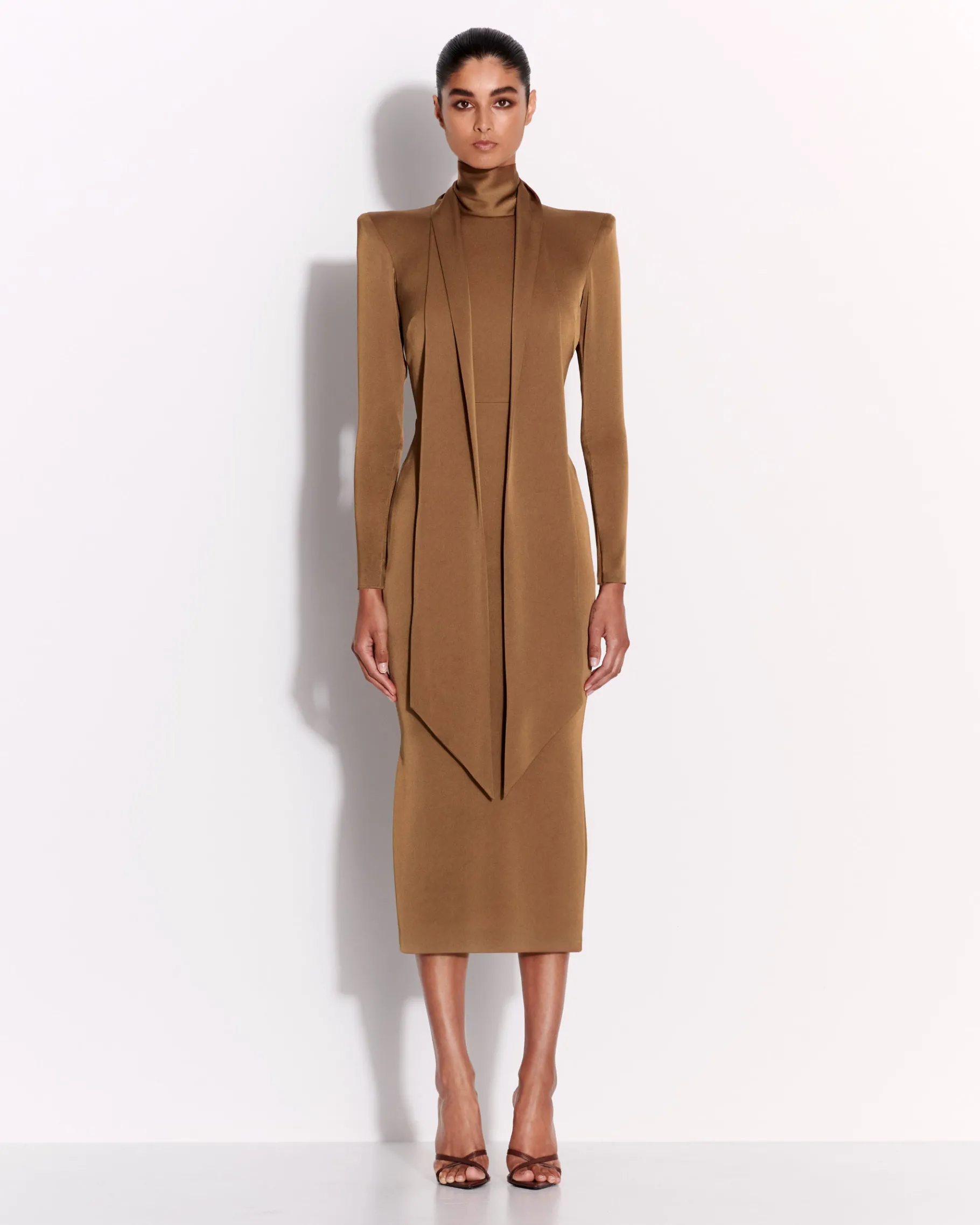 Alex Perry Long Sleeve Scarf Dress in Satin Crepe