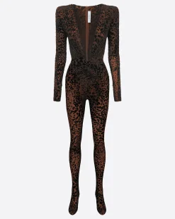 Alex Perry Long Sleeve V Catsuit in Leopard Burnout
