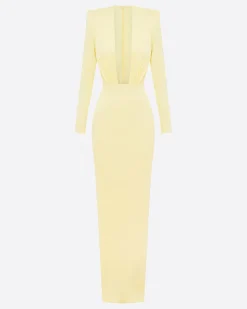 Alex Perry Long Sleeve V Column in Satin Crepe