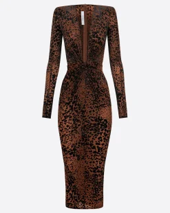 Alex Perry Long Sleeve V Dress in Leopard Burnout
