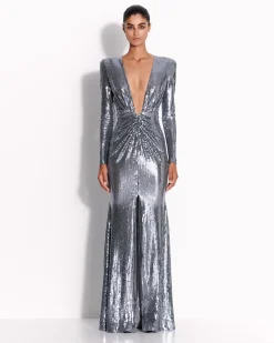 Alex Perry Long Sleeve V Gown in Sequin