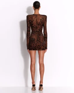 Alex Perry Long Sleeve V Mini Dress in Leopard Burnout