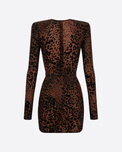 Alex Perry Long Sleeve V Mini Dress in Leopard Burnout