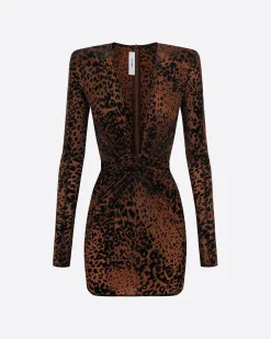 Alex Perry Long Sleeve V Mini Dress in Leopard Burnout