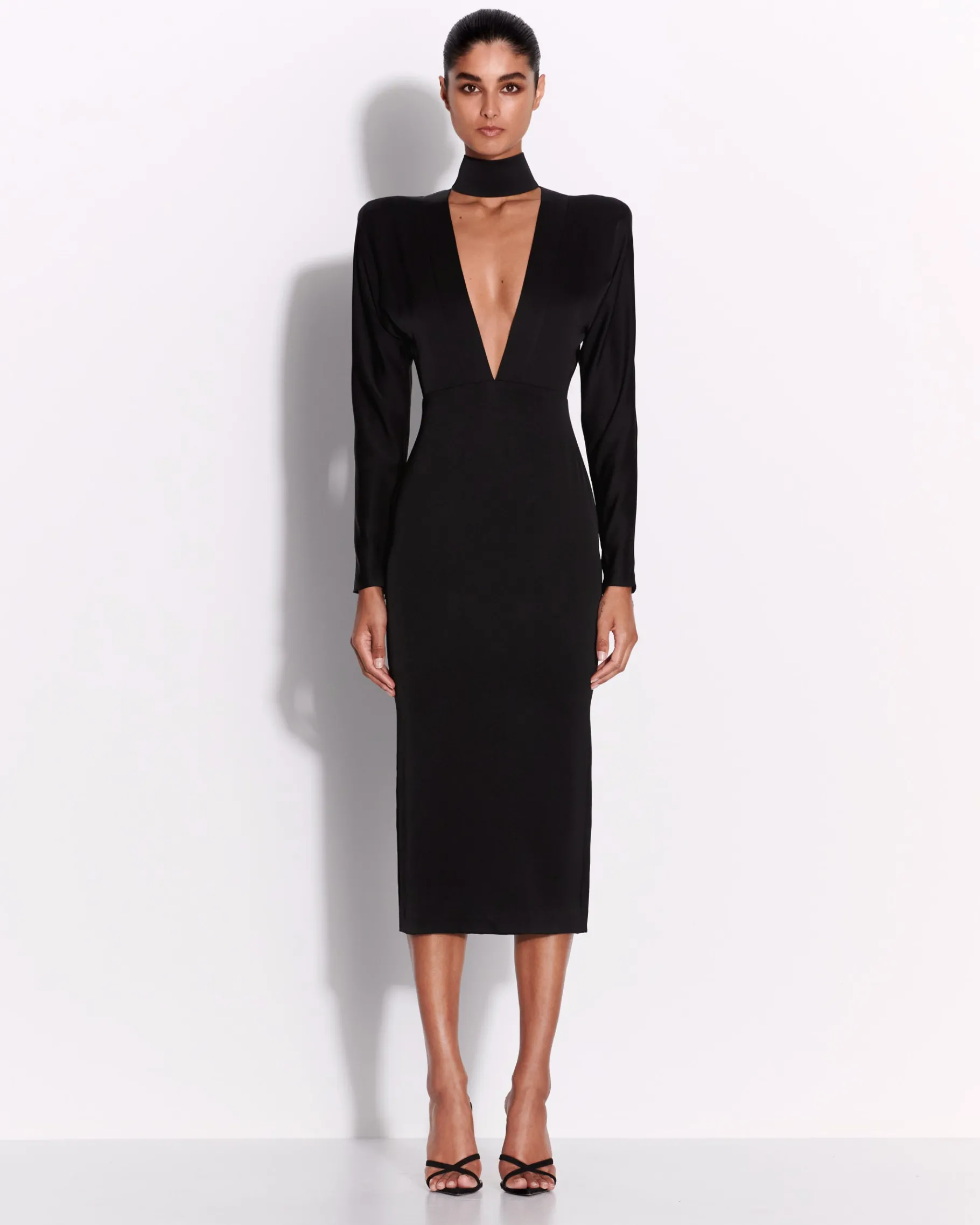 Alex Perry Long Sleeve V Neck Dress in Satin Crepe