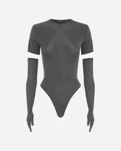 Alex Perry Short Sleeve Bodysuit in Crystal Jersey