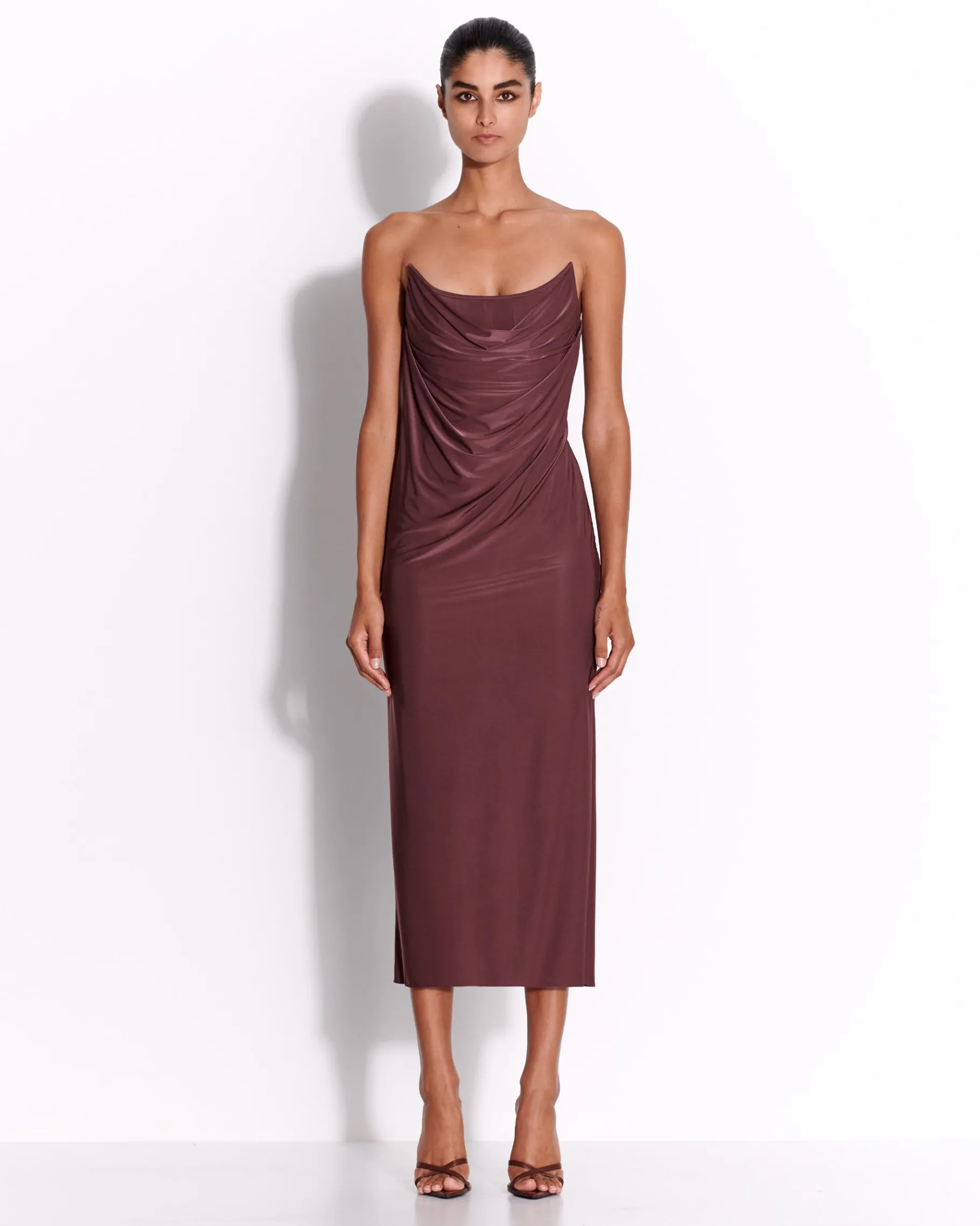 Alex Perry Strapless Corset Drape Dress in Jersey