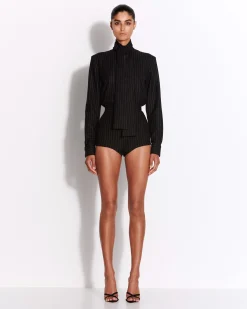 Alex Perry Tie Shirt in Wool Pinstripe
