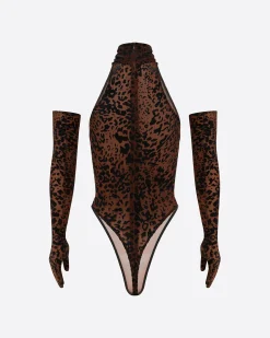 Alex Perry Turtleneck Bodysuit in Leopard Burnout