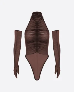 Alex Perry Turtleneck Ruched Bodysuit in Fine Mesh