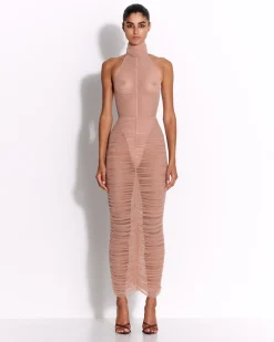 Alex Perry Turtleneck Ruched Column in Fine Mesh