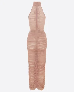 Alex Perry Turtleneck Ruched Column in Fine Mesh